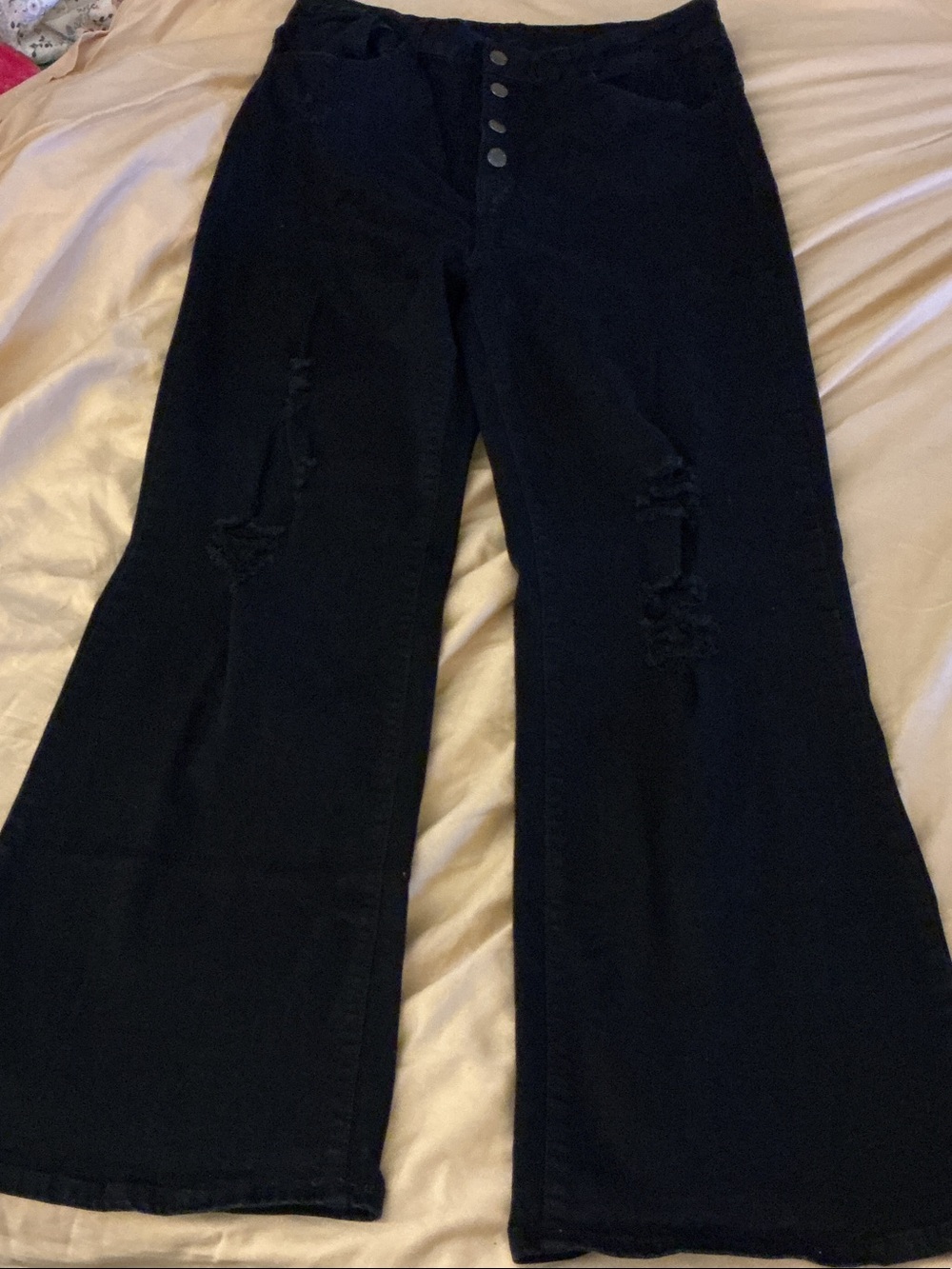 VIP Black Wide-Leg Distressed Jeans with Button Fly